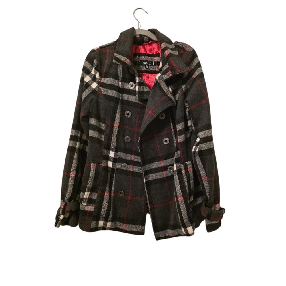 rue21 Womens XL Plaid Double Breasted Peacoat Jacket Black Red Wool Blend